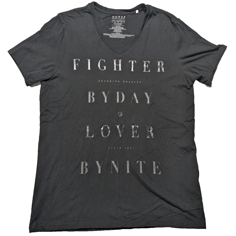 GUESS LOS ANGELES FIGHTER BY DAY LOVER BY NITE Women Large‎ V-Neck Black T-Shirt
